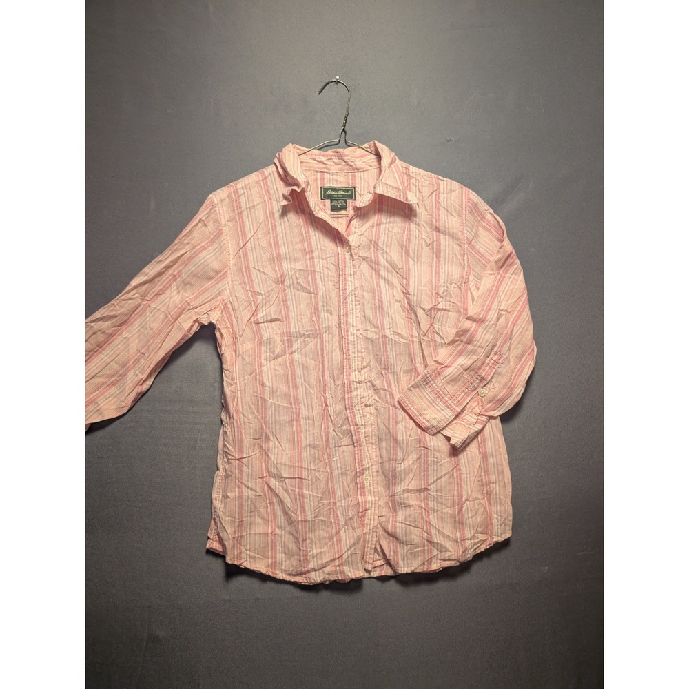 Eddie Bauer Pink Striped 100% Cotton 3/4 Sleeve Button Front Shirt Womens S